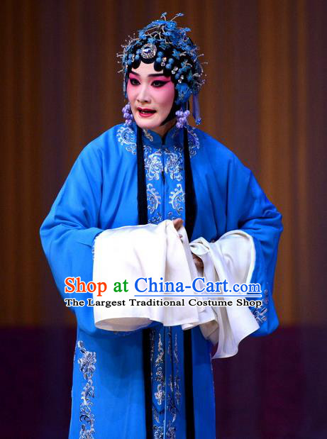 Chinese Beijing Opera Tsing Yi Blue Apparels Costumes and Headdress Tears of Wasted Mountain Traditional Peking Opera Distress Maiden Zhang Huizhu Dress Garment
