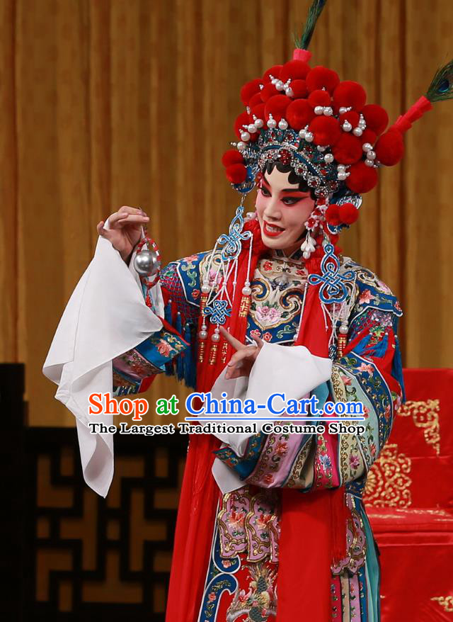 Chinese Beijing Opera Blues Apparels Costumes and Headdress Hongqiao with the Pearl Traditional Peking Opera Tao Ma Tan Dress Goddess Ling Bo Garment