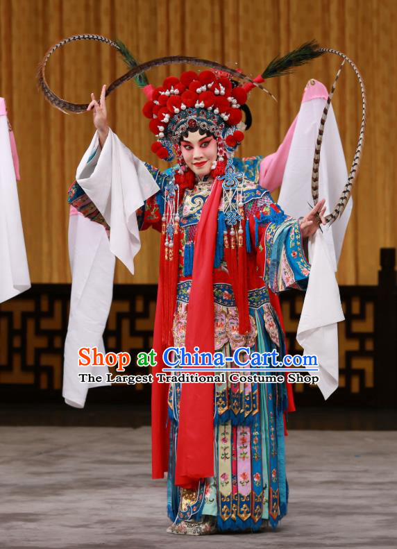 Chinese Beijing Opera Blues Apparels Costumes and Headdress Hongqiao with the Pearl Traditional Peking Opera Tao Ma Tan Dress Goddess Ling Bo Garment