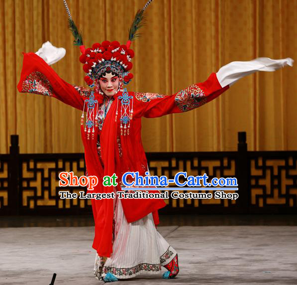 Chinese Beijing Opera Bride Apparels Costumes and Headdress Hongqiao with the Pearl Traditional Peking Opera Hua Tan Red Dress Fairy Ling Bo Garment