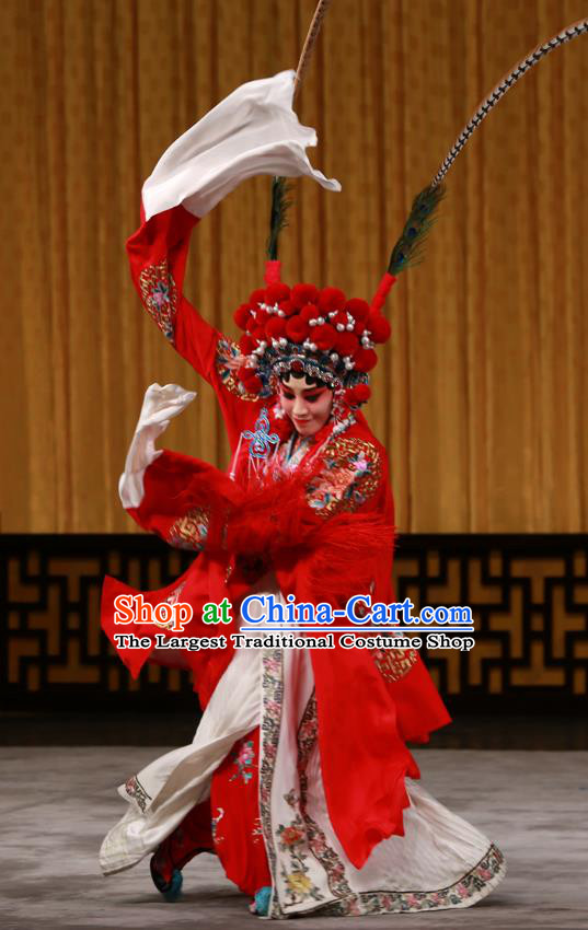 Chinese Beijing Opera Bride Apparels Costumes and Headdress Hongqiao with the Pearl Traditional Peking Opera Hua Tan Red Dress Fairy Ling Bo Garment