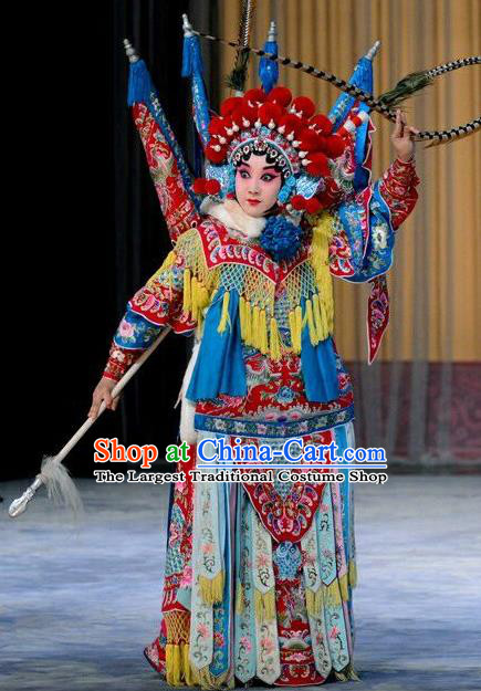 Chinese Beijing Opera Wudan Kao Armor Suit with Flags Zhang Yue E Apparels Costumes and Headdress Hong Tao Shan Traditional Peking Opera General Dress Garment