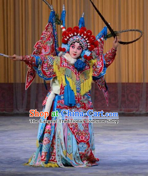 Chinese Beijing Opera Wudan Kao Armor Suit with Flags Zhang Yue E Apparels Costumes and Headdress Hong Tao Shan Traditional Peking Opera General Dress Garment