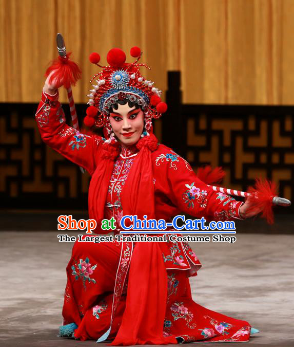 Chinese Beijing Opera Female Swordsman Apparels Costumes and Headdress Hongqiao with the Pearl Traditional Peking Opera Martial Lady Ling Bo Red Dress Garment