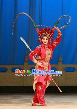 Chinese Beijing Opera Martial Female Armor Apparels Costumes and Headdress Hongqiao with the Pearl Traditional Peking Opera Wudan Dress Garment