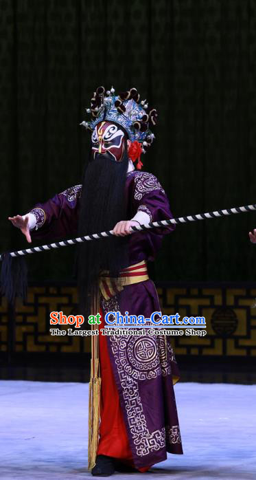 Kirin Pavilion Chinese Peking Opera Martial Male Garment Costumes and Headwear Beijing Opera Wusheng Apparels Swordsman Purple Clothing