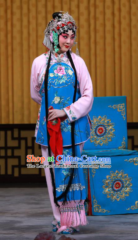 Chinese Beijing Opera Actress Apparels Diva Sun Yujiao Costumes and Headdress Fa Men Temple Traditional Peking Opera Young Beauty Dress Garment