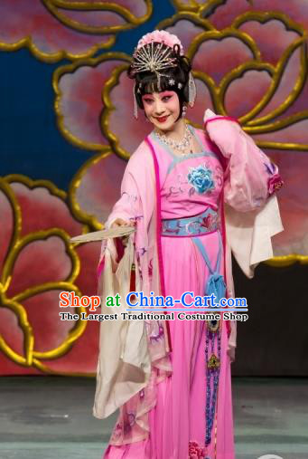 Chinese Beijing Opera Princess Apparels Young Lady Costumes and Headdress Luo Yang Gong Traditional Peking Opera Actress Pink Dress Garment