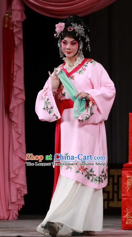 Chinese Beijing Opera Young Beauty Yan Poxi Apparels Costumes and Headdress Wu Long Yuan Traditional Peking Opera Actress Pink Dress Hua Tan Garment