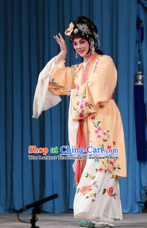 Chinese Beijing Opera Hua Tan Yan Xijiao Apparels Costumes and Headdress Wu Long Yuan Traditional Peking Opera Actress Dress Young Female Garment