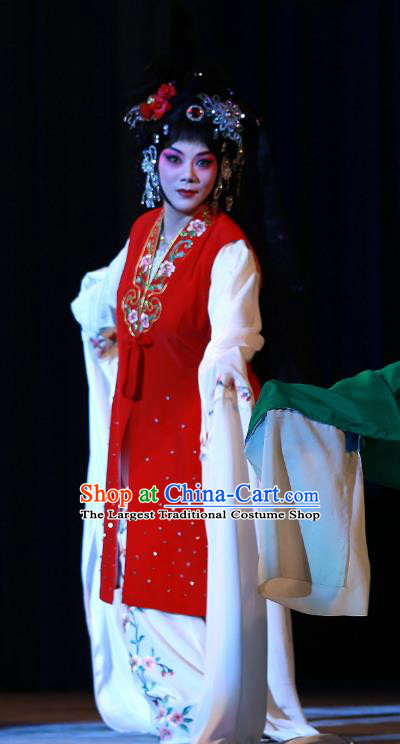 Chinese Beijing Opera Young Beauty Apparels Costumes and Headdress Wu Long Yuan Traditional Peking Opera Hua Tan Yan Xijiao Dress Consort Garment
