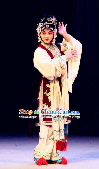 Chinese Beijing Opera Actress Yan Xijiao Apparels Costumes and Headdress Wu Long Yuan Traditional Peking Opera Consort Dress Young Lady Garment