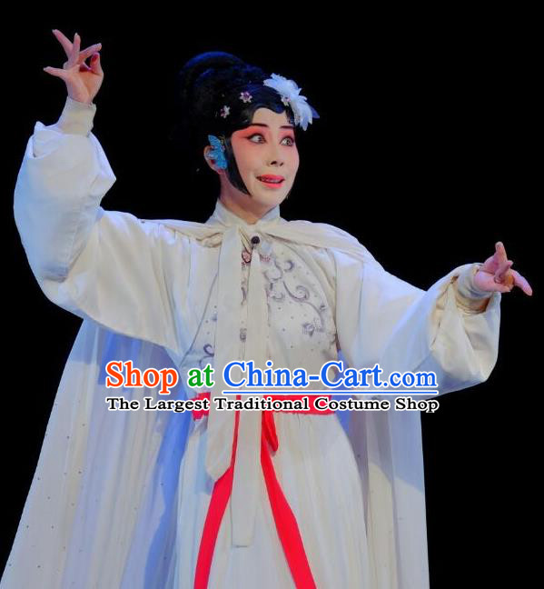 Chinese Beijing Opera Tsing Yi Yan Xijiao Apparels Young Female Costumes and Headdress Wu Long Yuan Traditional Peking Opera Actress White Dress Garment