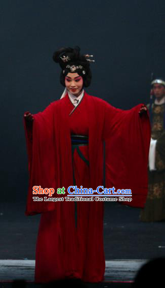 Chinese Beijing Opera Hua Tan Red Apparels Young Female Costumes and Headdress Da Meng Chang Ge Traditional Peking Opera Huadan Dress Diva Jiang Yan Garment