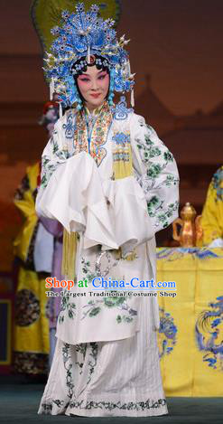 Chinese Beijing Opera Huadan Apparels Young Lady Costumes and Headdress Imperial Concubine Mei Traditional Peking Opera Actress White Dress Court Lady Garment