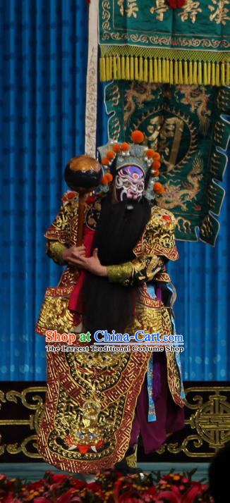 Qun Jie Hua Chinese Peking Opera General Zhang Fei Garment Costumes and Headwear Beijing Opera Apparels Martial Male Armor Military Officer Clothing