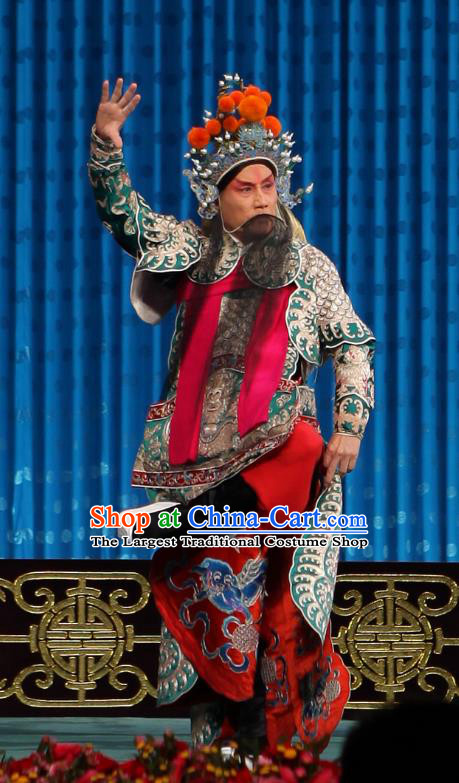 Qun Jie Hua Chinese Peking Opera Military Officer Martial Male Garment Costumes and Headwear Beijing Opera Apparels General Gan Ning Green Armor Clothing