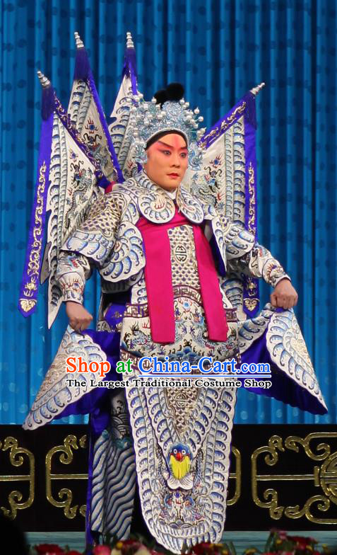 Qun Jie Hua Chinese Peking Opera General Garment Costumes and Headwear Beijing Opera Military Officer Zhou Yu Apparels Kao Armor Suit with Flags Clothing