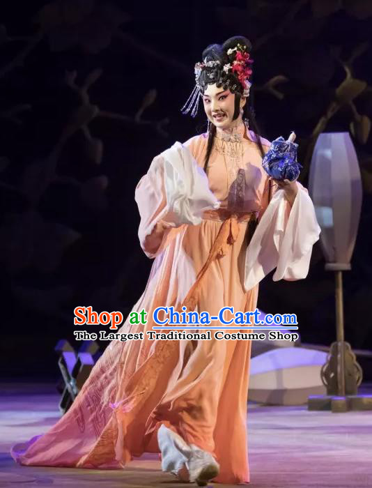 Chinese Beijing Opera Hua Tan Apparels Costumes and Headdress Qing Si Hen Traditional Peking Opera Young Female Dress Actress Jiao Guiying Garment