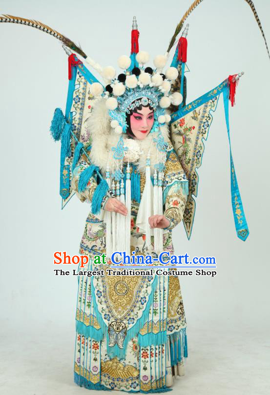 Chinese Beijing Opera Tao Ma Tan Apparels Costumes and Headdress Bai Hua Zeng Jian Traditional Peking Opera Blues Dress Princess Garment Kao Armor Suit with Flags