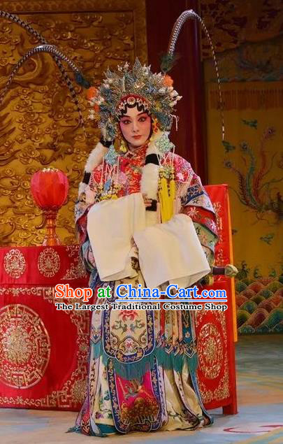 Chinese Beijing Opera Princess Apparels Costumes and Headdress Bai Hua Zeng Jian Traditional Peking Opera Martial Female Dress Hua Tan Garment