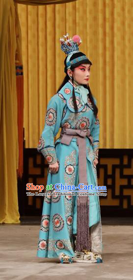 Tun Wu Hen Chinese Peking Opera Wusheng Young Male Garment Costumes and Headwear Beijing Opera Martial Man Apparels Takefu Blue Clothing