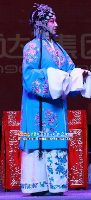 Chinese Shanxi Clapper Opera Hua Tan Blue Garment Costumes and Headdress Qiu Sao Traditional Bangzi Opera Actress Dress Young Mistress Apparels