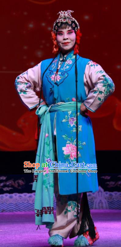 Chinese Shanxi Clapper Opera Xiaodan Garment Costumes and Headdress Qiu Sao Traditional Bangzi Opera Girl Blue Dress Young Lady Apparels