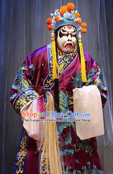 Chinese Bangzi Opera Treacherous Official Apparels Costumes and Headpieces Traditional Shanxi Clapper Opera Jing Role Garment Painted Role Clothing