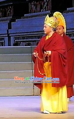 Sixth Panchen Chinese Bangzi Opera Tibet Monk Apparels Costumes and Headpieces Traditional Hebei Clapper Opera Young Male Garment Lama Cassock Clothing