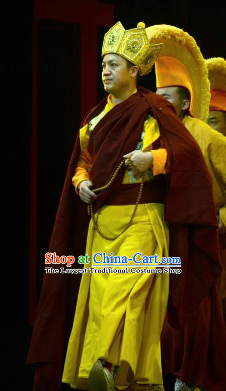 Sixth Panchen Chinese Bangzi Opera Tibet Monk Apparels Costumes and Headpieces Traditional Hebei Clapper Opera Young Male Garment Lama Cassock Clothing