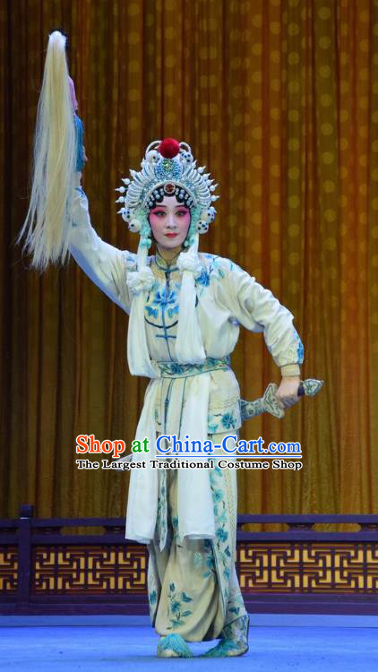 Chinese Jin Opera Martial Female Garment Costumes and Headdress Madam White Snake Traditional Shanxi Opera Swordswoman Dress Actress Bai Suzhen Apparels