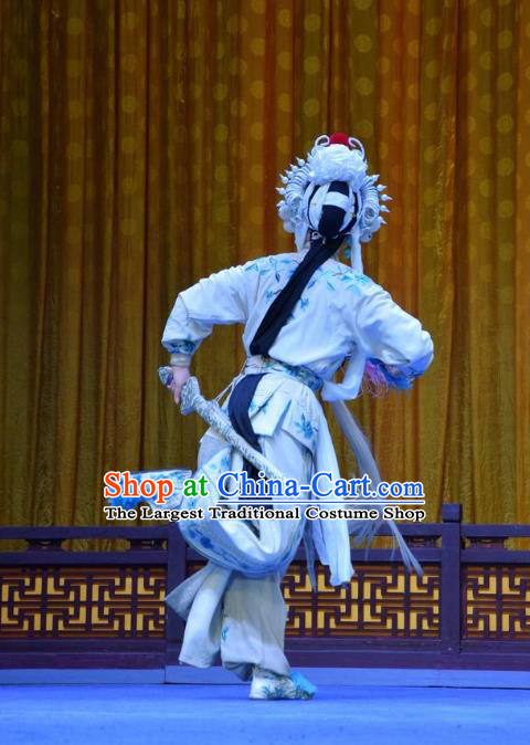 Chinese Jin Opera Martial Female Garment Costumes and Headdress Madam White Snake Traditional Shanxi Opera Swordswoman Dress Actress Bai Suzhen Apparels