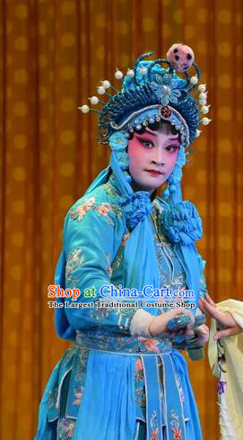 Chinese Jin Opera Martial Woman Garment Costumes and Headdress Madam White Snake Traditional Shanxi Opera Actress Dress Female Swordsman Xiao Qing Blue Apparels