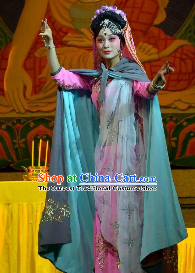 Chinese Hebei Clapper Opera Princess Garment Costumes and Headdress The Legend of Tenjiku Traditional Bangzi Opera Hua Tan Dress Noble Female Apparels