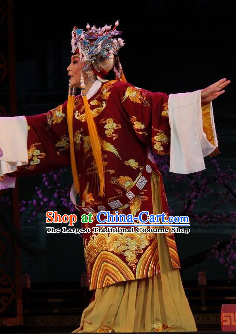Chinese Jin Opera Empress Shen Garment Costumes and Headdress Da Jin Zhi Traditional Shanxi Opera Court Queen Dress Pantaloon Apparels