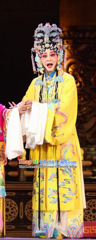 Chinese Jin Opera Actress Yellow Garment Costumes and Headdress Da Jin Zhi Traditional Shanxi Opera Empress Dress Queen Shen Apparels