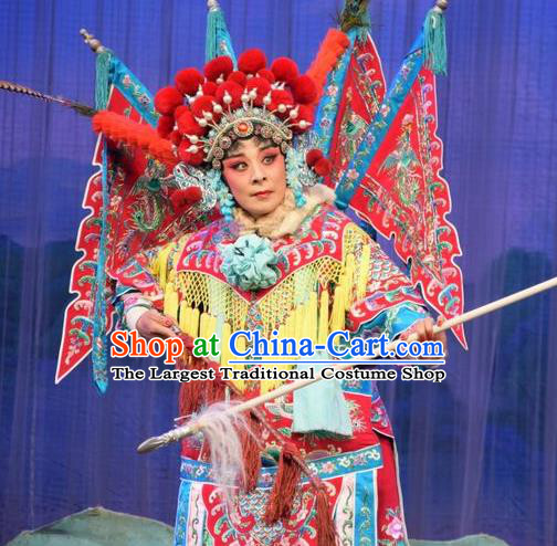 Chinese Jin Opera Tao Ma Tan Armor Garment Costumes and Headdress Li Hua Return Tang Traditional Shanxi Opera Female General Fan Lihua Dress Apparels with Flags