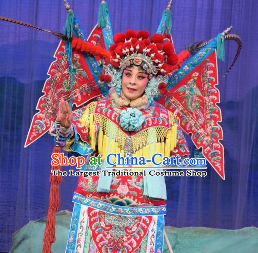 Chinese Jin Opera Tao Ma Tan Armor Garment Costumes and Headdress Li Hua Return Tang Traditional Shanxi Opera Female General Fan Lihua Dress Apparels with Flags