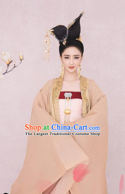 Chinese Tang Dynasty Court Lady Historical Costumes Traditional Dance Mang Zhong Apparels Ancient Imperial Consort Hanfu Dress and Headpieces Complete Set