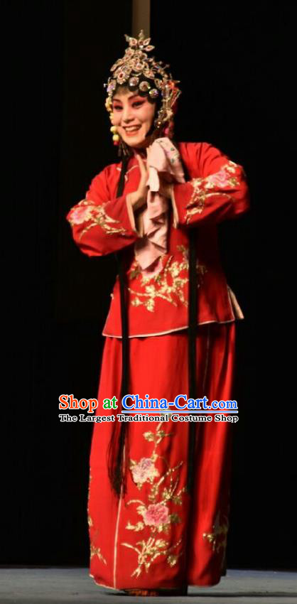 Chinese Jin Opera Young Lady Red Garment Costumes and Headdress Wo Hu Ling Traditional Shanxi Opera Hua Tan Dress Village Girl Apparels