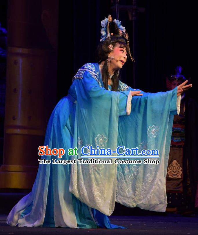 Chinese Jin Opera Young Beauty Garment Costumes and Headdress Madam Ruyi Traditional Shanxi Opera Hua Tan Blue Dress Actress Wu Meiniang Apparels