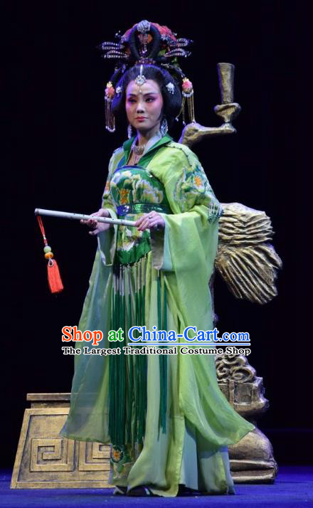 Chinese Jin Opera Imperial Consort Garment Costumes and Headdress Madam Ruyi Traditional Shanxi Opera Hua Tan Green Dress Diva Wu Meiniang Apparels