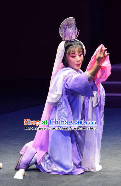 Chinese Jin Opera Taoist Nun Garment Costumes and Headdress Madam Ruyi Traditional Shanxi Opera Hua Tan Purple Dress Young Female Wu Meiniang Apparels