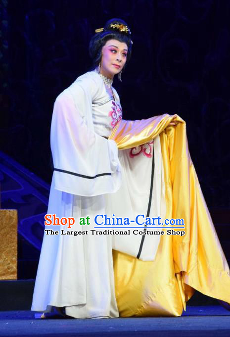 Chinese Jin Opera Noble Queen Garment Costumes and Headdress Madam Ruyi Traditional Shanxi Opera Court Lady White Dress Empress Apparels