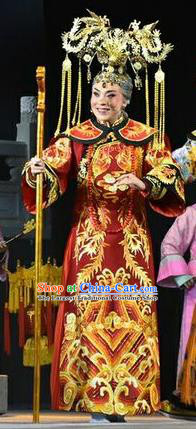 Chinese Jin Opera Queen Mother Garment Costumes and Headdress Xiaozhuang Changge Traditional Shanxi Opera Elderly Female Dress Empress Dowager Apparels