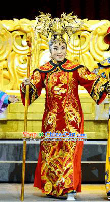 Chinese Jin Opera Queen Mother Garment Costumes and Headdress Xiaozhuang Changge Traditional Shanxi Opera Elderly Female Dress Empress Dowager Apparels