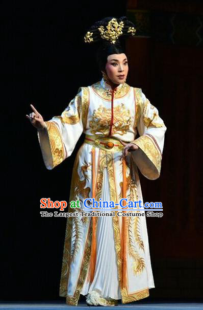 Chinese Jin Opera Court Woman Garment Costumes and Headdress Xiaozhuang Changge Traditional Shanxi Opera Qing Dynasty Queen Mother Dress Empress Dowager Apparels
