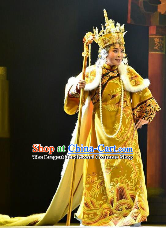 Chinese Jin Opera Queen Mother Garment Costumes and Headdress Xiaozhuang Changge Traditional Shanxi Opera Qing Dynasty Empress Dowager Dress Elderly Female Apparels