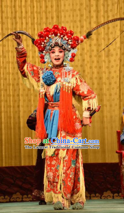 Chinese Jin Opera Female Warrior Red Garment Costumes and Headdress Jin Sha Tan Traditional Shanxi Opera Wudan Dress Martial Woman Apparels